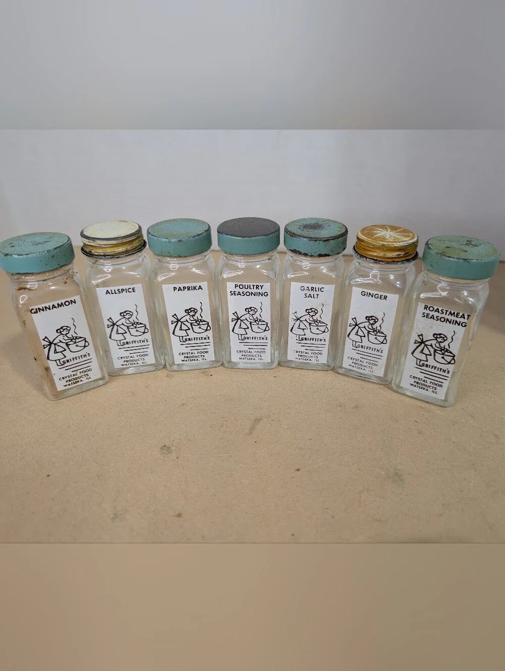 Lot Of 7 Vintage Griffiths Crystal Food Glass Spice Glasses Jars Clear Glass